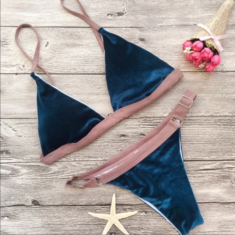 Dark teal & nude velvet bikini.